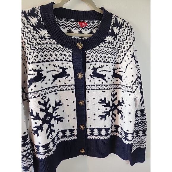Dec.25th Womens XL BlueWhite Christmas Sweater Button Cardigan Holiday Reindeer - Picture 2 of 4